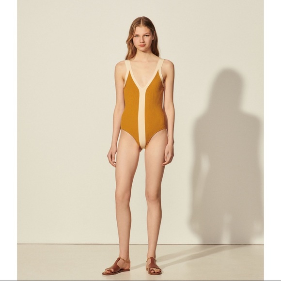 SANDRO Paris Nate Two-Toned Contrast-Trim Knitted Bodysuit In Ocre NWT - Picture 2 of 13